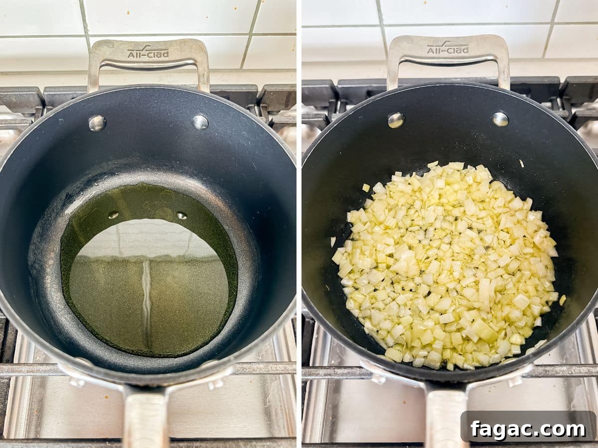 Creamy Garlic Green Peas with Parmesan 5 Olive oil heating in a medium pan and then then onions cooking in it.