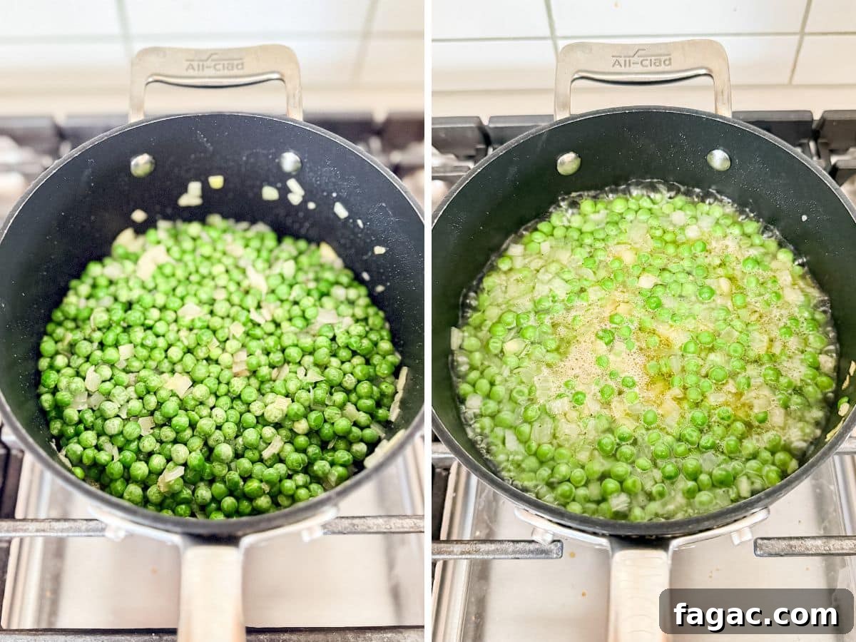 Creamy Garlic Green Peas with Parmesan 6 Frozen peas added to the onions and then water added and the peas simmering.