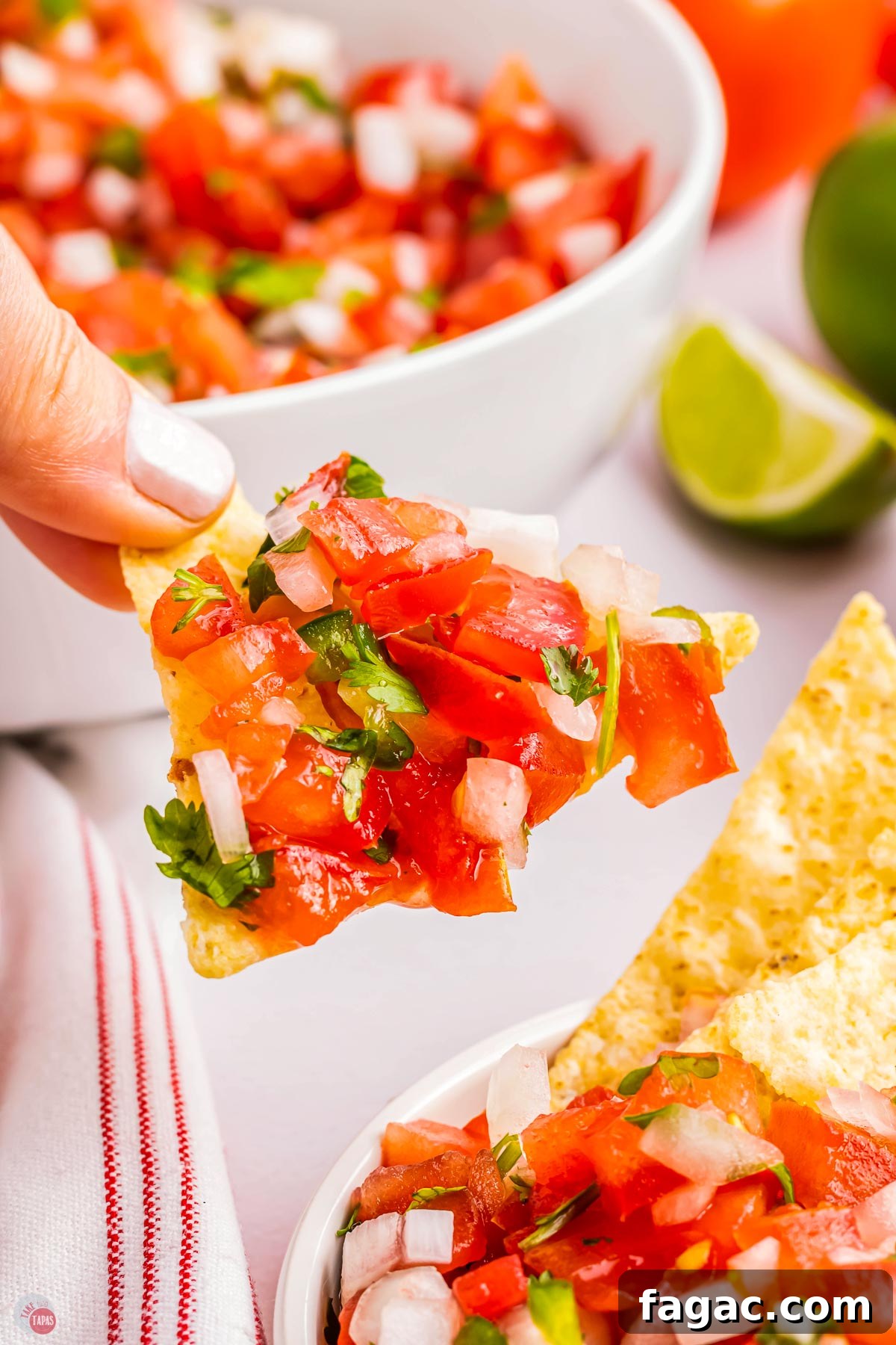 Fresh Homemade Pico de Gallo Recipe: Zesty Salsa in Minutes 3 hand holding chip with pico de gallo on it