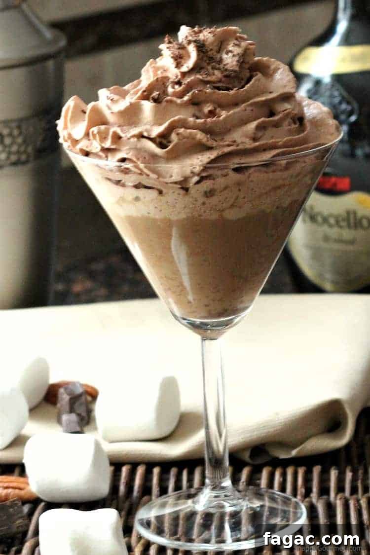 Mississippi Mudtini Recipe - simple Chocolate Martini recipe with marshmallow vodka, Godiva chocolate liqueuer, and Nocello. Best party cocktail! SnappyGourmet.com