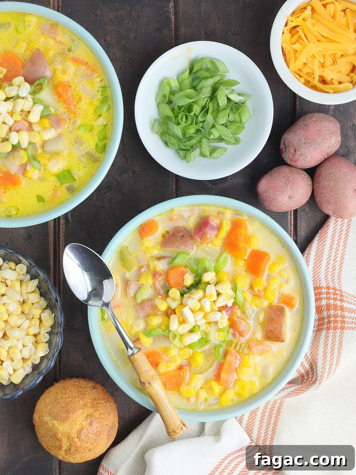 Creamy Potato and Sweet Corn Chowder Recipe 2 Two bowls of potato corn chowder with dishes of green onions, corn and cheese to the side.