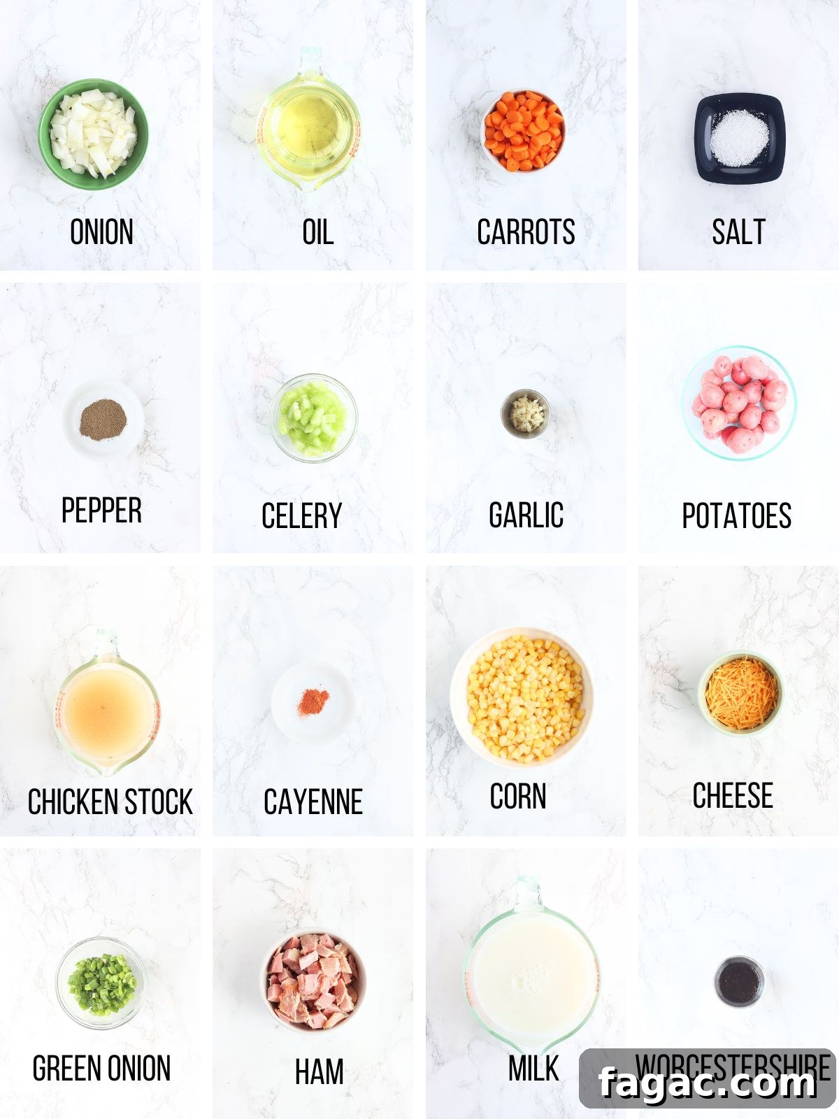 Creamy Potato and Sweet Corn Chowder Recipe 3 Collage of ingredients needed to make potato corn chowder.