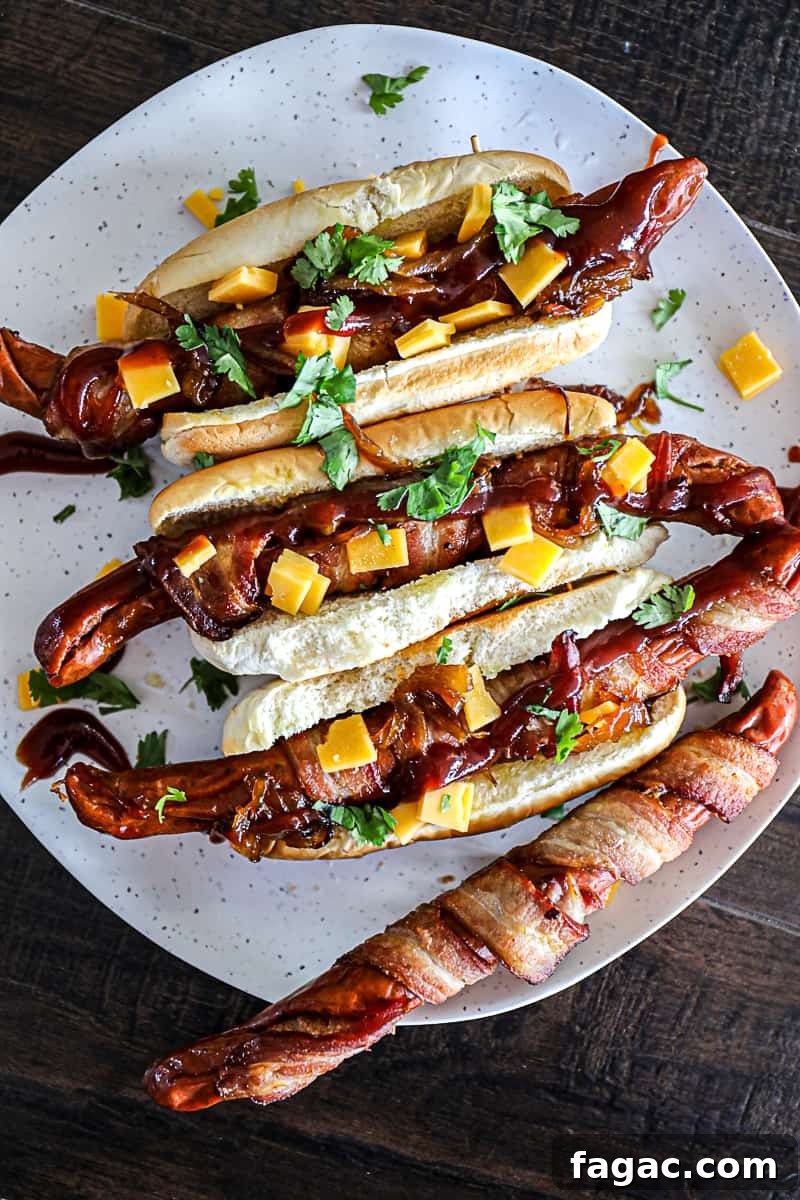 Crispy Bacon-Wrapped Hot Dogs: Air Fryer, Oven & Grill Methods 8 Cookout party platter Bacon Wrapped Hot Dogs.