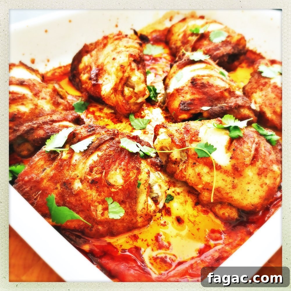 Mexican chicken thighs in an enamel roasting tin