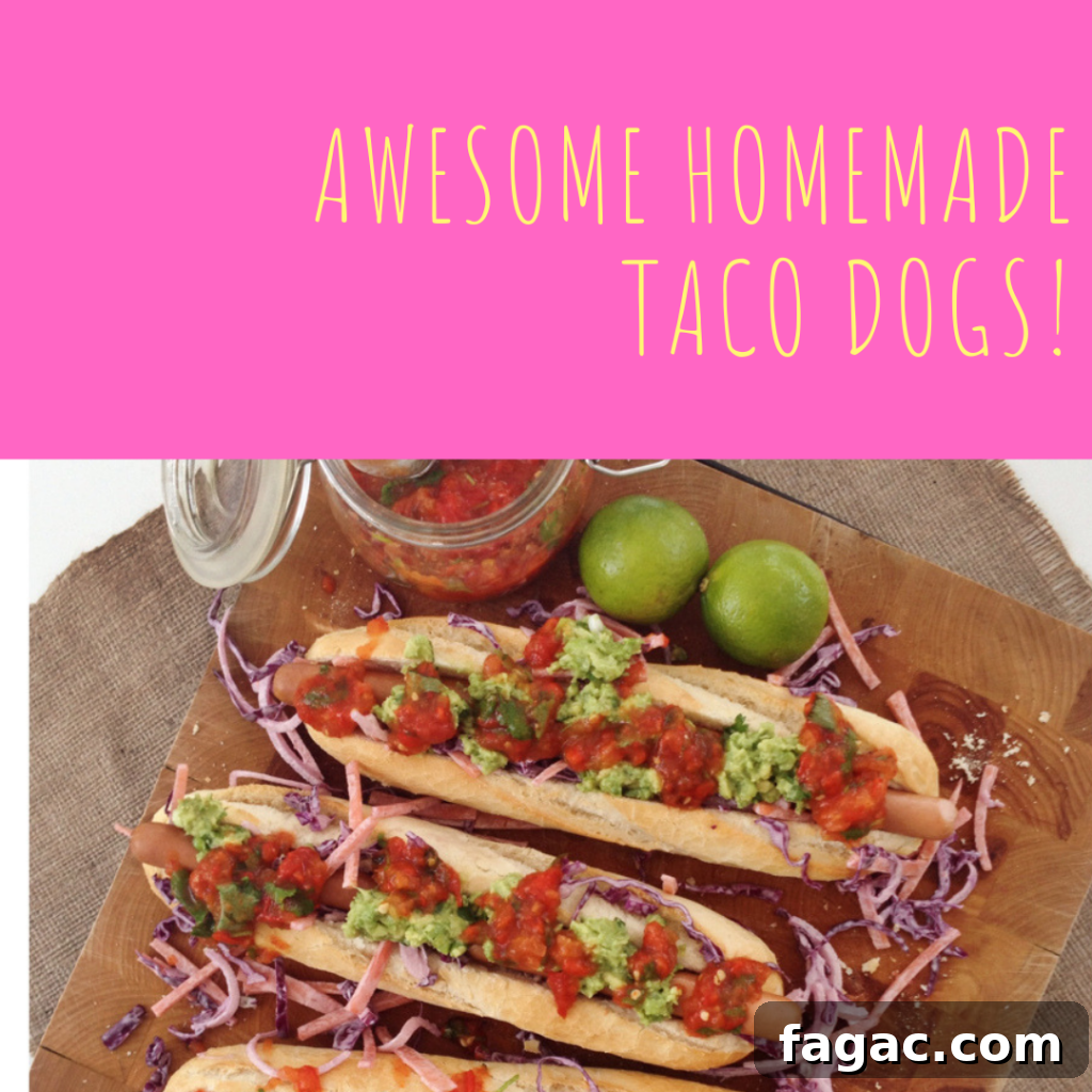 homemade taco dogs - crusty rolls stuffed with hot dog sausages and topped with coleslaw, Mexican salsa and guacamole.