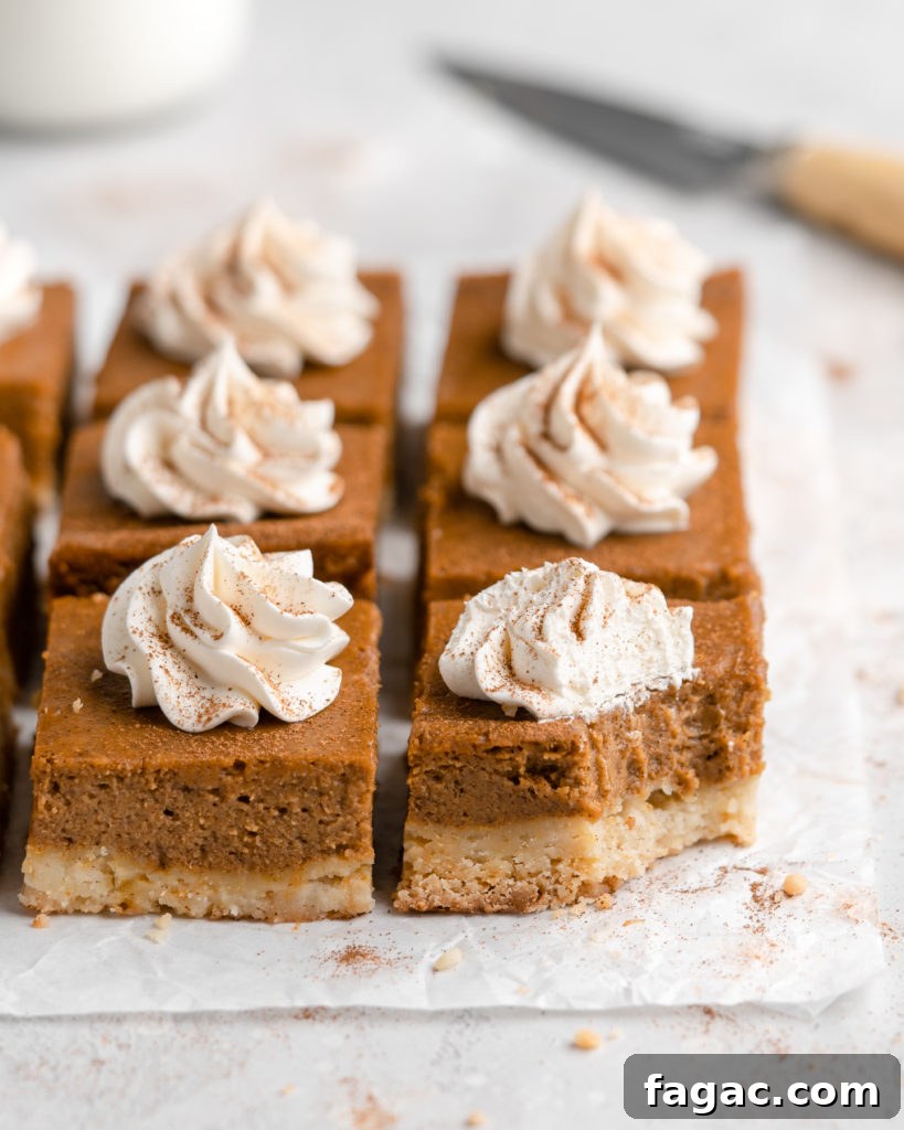 Pumpkin Pie Bars with Buttery Shortbread Crust 3 Flavorful, silky pumpkin pie is placed on top of a buttery shortbread layer, and cut into squares