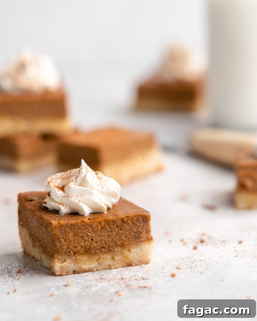 Pumpkin Pie Bars with Buttery Shortbread Crust 4 Flavorful, silky pumpkin pie is placed on top of a buttery shortbread layer, and cut into squares
