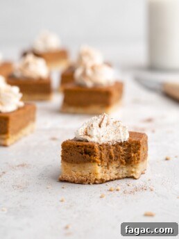 Pumpkin Pie Bars with Buttery Shortbread Crust 5 Flavorful, silky pumpkin pie is placed on top of a buttery shortbread layer, and cut into squares