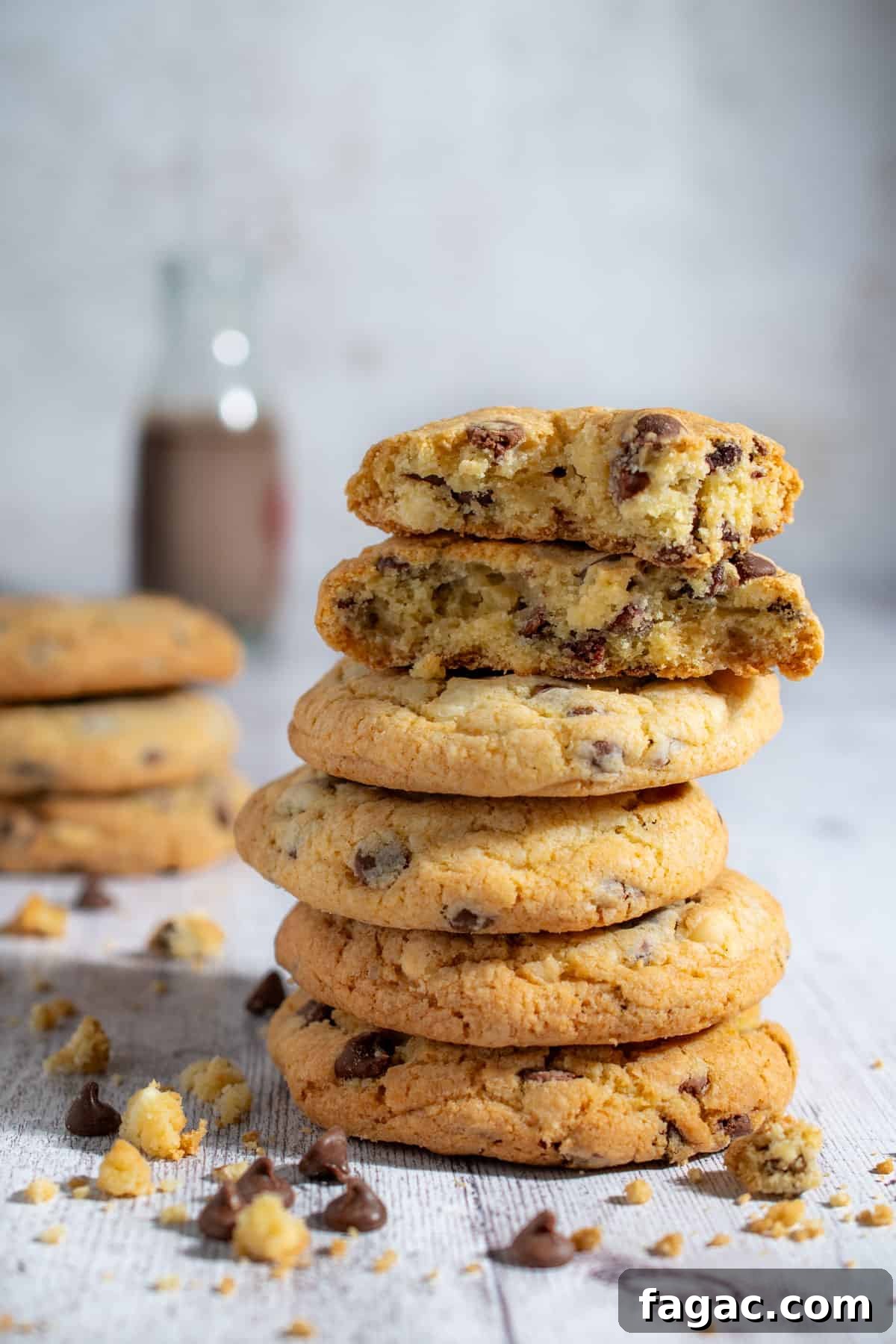 Chewy Chocolate Chip Cookies Without Brown Sugar: Crisp Edges, Soft Center 2 A stack of chocolate chip cookies without brown sugar in a white background.