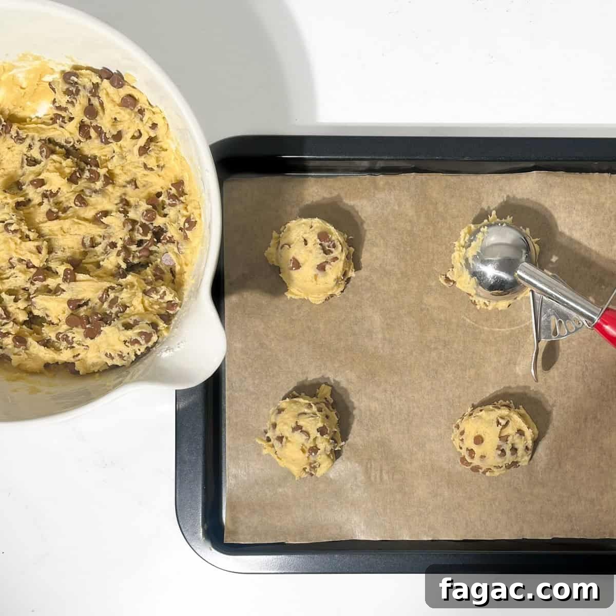 Chewy Chocolate Chip Cookies Without Brown Sugar: Crisp Edges, Soft Center 12 Scooping cookie dough into a baking sheet.