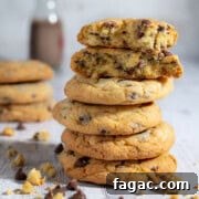 Chewy Chocolate Chip Cookies Without Brown Sugar: Crisp Edges, Soft Center 18 A stack of chocolate chip cookies without brown sugar in a white background.