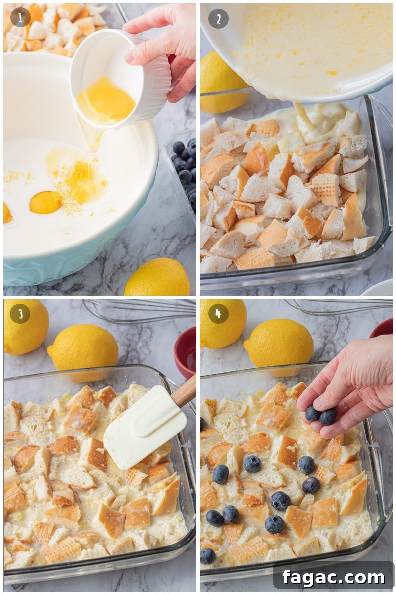 Preparing lemon blueberry bread pudding: mixing eggs and milk, pouring custard over bread, pressing bread into pan, sprinkling blueberries.