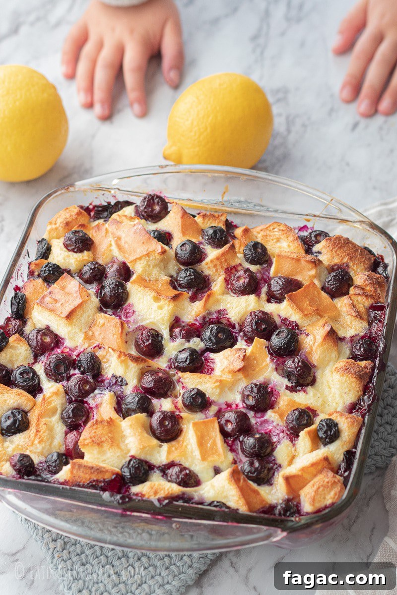 baked bread pudding with blueberries in glass pan with lemons.