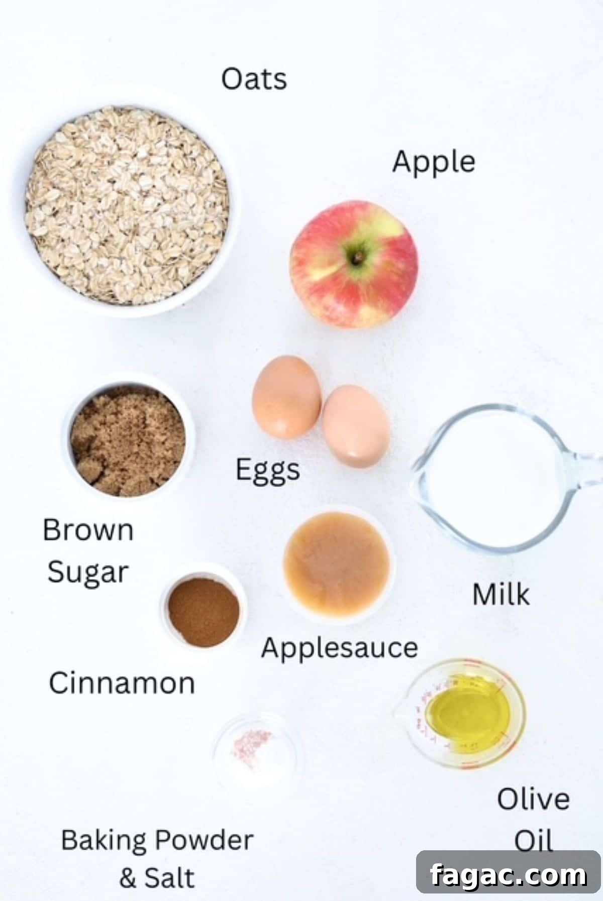 Apple Cinnamon Baked Oatmeal Recipe for Cozy Breakfasts 3 Ingredients for making Baked Oatmeal with Apples and Cinnamon, labeled.