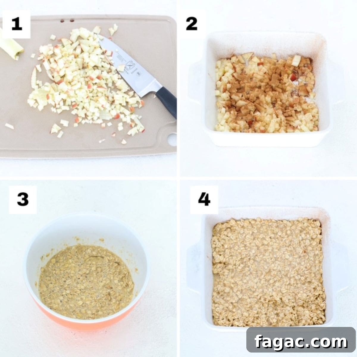 Apple Cinnamon Baked Oatmeal Recipe for Cozy Breakfasts 4 Four numbered images showing how to make apple cinnamon baked oatmeal.