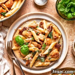 Marry Me Chicken Pasta Recipe — Creamy Tomato Garlic Pasta with Chicken 2 A plate of marry me chicken pasta garnished with fresh basil.