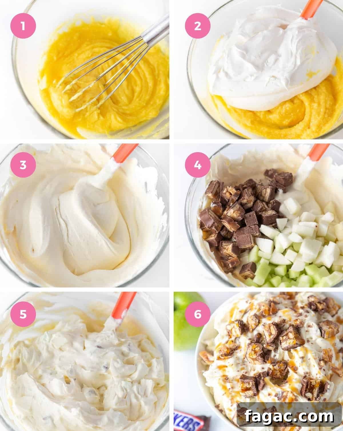 Apple Snickers Salad Recipe: Crunchy Caramel Apple Dessert Salad 6 step by step collage showing how to mix together the apple snickers salad