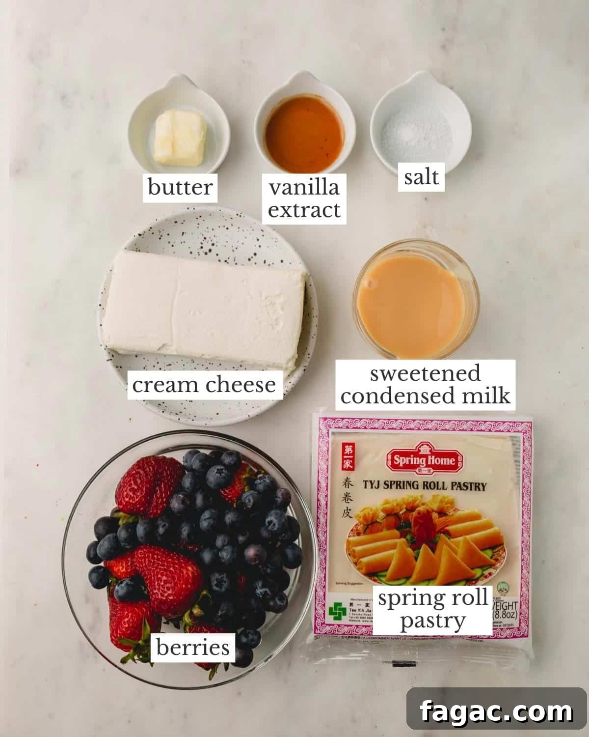 Quick Berry Tartlets: Simple Fresh Fruit Pastry Recipe 4 Butter, vanilla extract, salt, sweetened condensed milk, spring roll pastry wrappers, berries, and cream cheese.