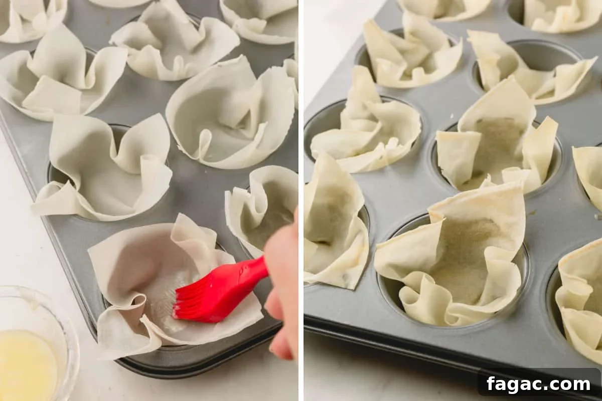 Quick Berry Tartlets: Simple Fresh Fruit Pastry Recipe 5 A muffin tin lined with wonton wrappers being brushed with melted butter.