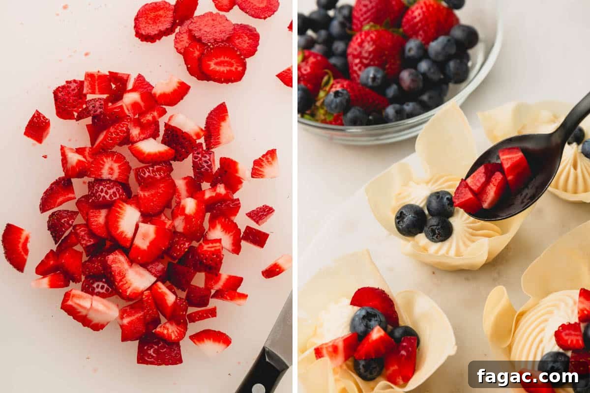 Quick Berry Tartlets: Simple Fresh Fruit Pastry Recipe 8 Chopped strawberries and chopped strawberries and blueberries being spooned over mini berry tartlets.