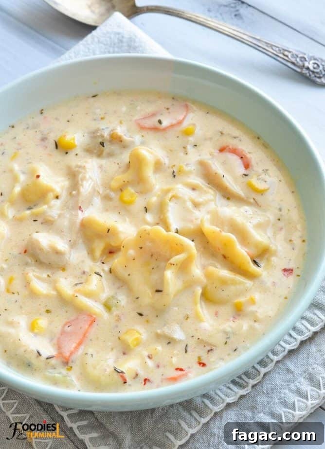 Creamy Chicken Tortellini Soup Recipe: Hearty One-Pot Comfort Meal 2 creamy chicken tortellini soup in a light blue bowl placed on a grey linen with a silver spoon at the background