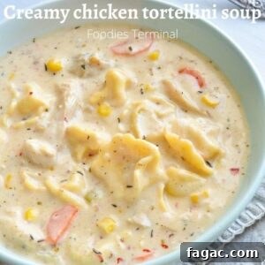 creamy chicken tortellini soup in a light blue bowl