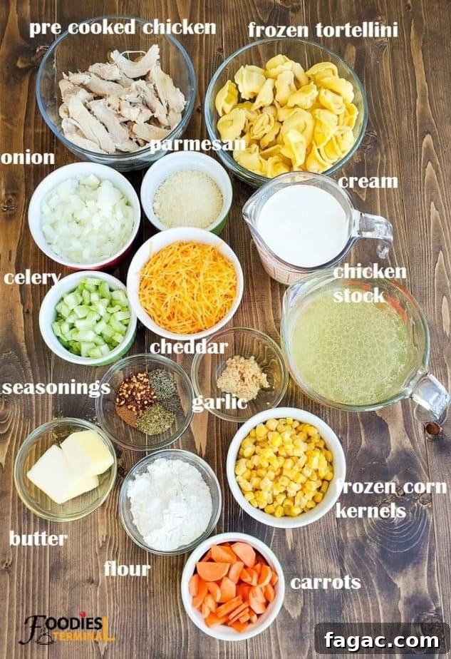 Creamy Chicken Tortellini Soup Recipe: Hearty One-Pot Comfort Meal 3 recipe ingredients on a brown board