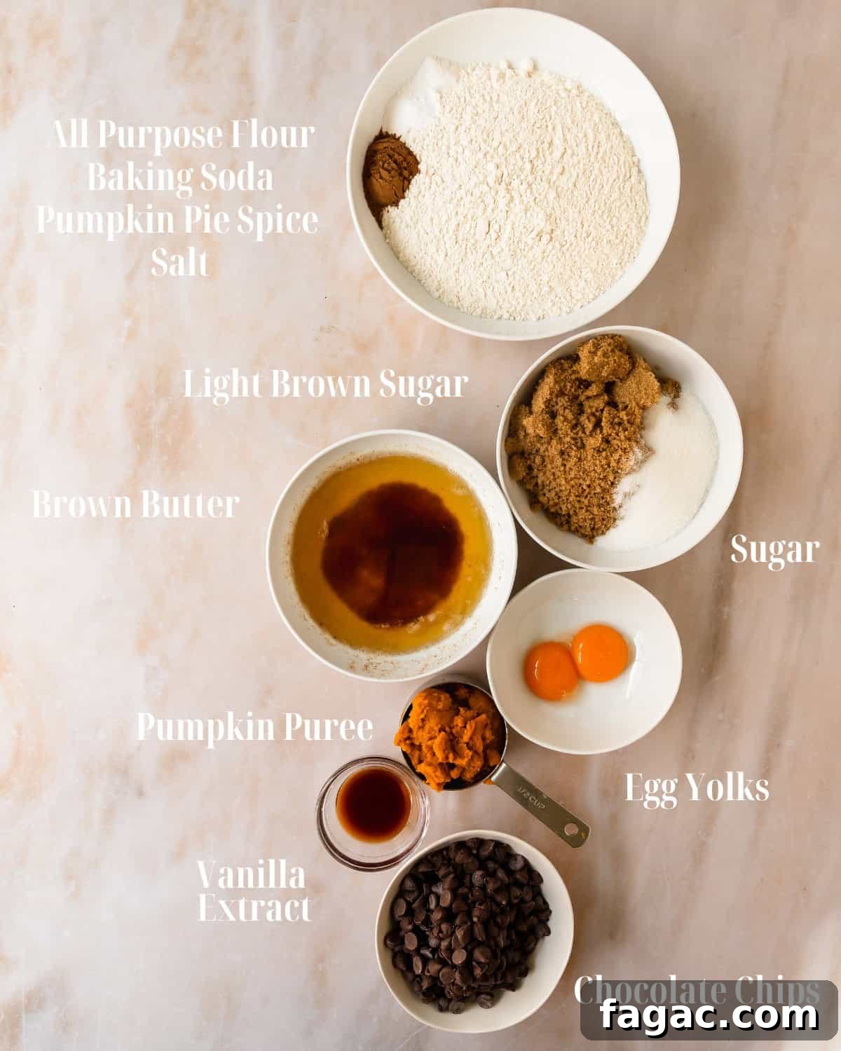 Soft Pumpkin Chocolate Chip Cookies — Fall Baking Recipe 3 Dry Ingredients: Gather all purpose flour, baking soda, pumpkin pie spice and salt.
Wet Ingredients: Gather unsalted butter, light brown sugar, granulated sugar, egg yolks, vanilla extract and semi sweet chocolate chips.