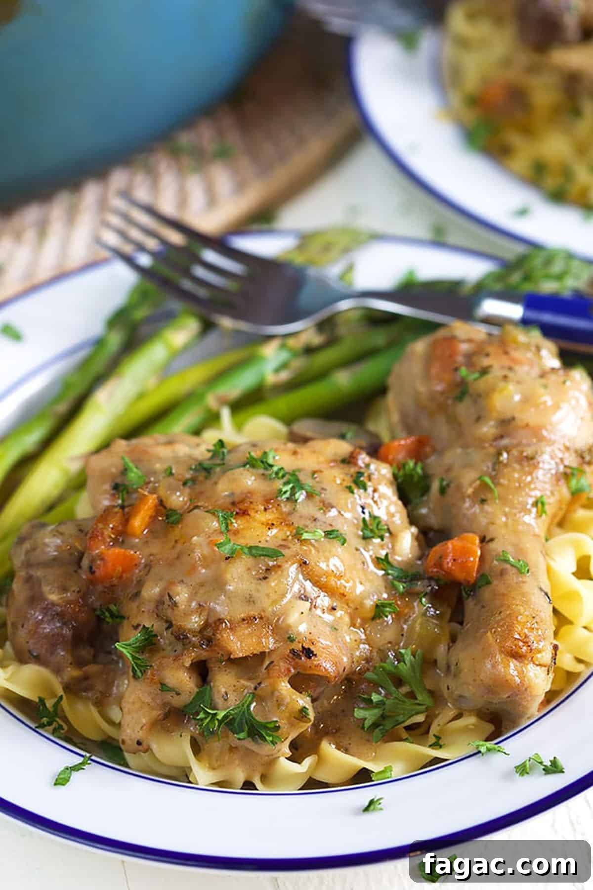 Classic Chicken Fricassee Recipe: Creamy One-Pot French Comfort Meal 3 A fork is on the side of a plate with chicken, noodles and asparagus.