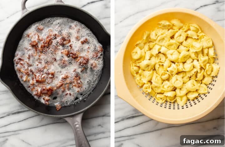 frying bacon in a skillet and draining tortellini in a sieve