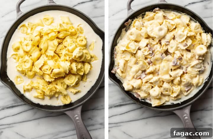 tossing tortellini with creamy alfredo sauce in a skillet