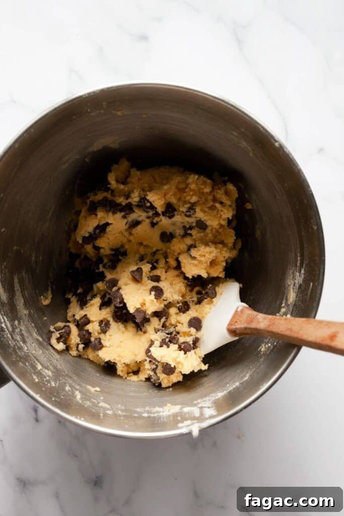 hand mixing in chocolate chips to the cookie dough