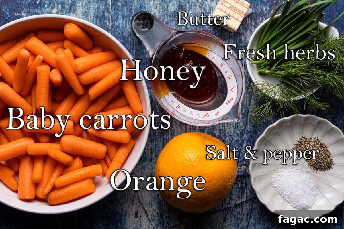 Honey-Glazed Orange Carrots with Citrus Butter Glaze 3 recipe ingredients on blue background