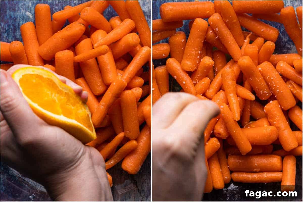 Honey-Glazed Orange Carrots with Citrus Butter Glaze 5 collage of orange being squeezed overtop carrots and salt being sprinkled on carrots