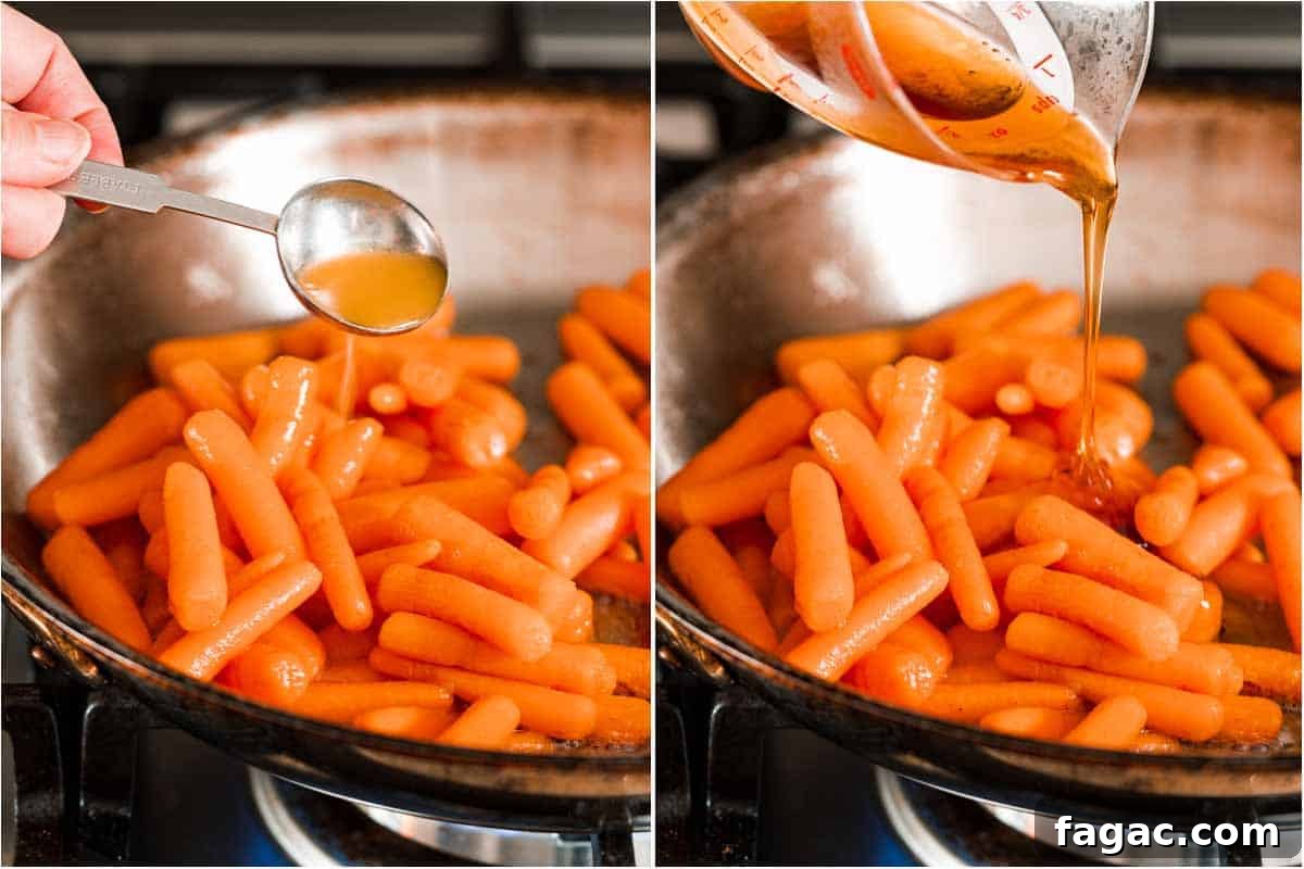 Honey-Glazed Orange Carrots with Citrus Butter Glaze 10 collage of pan of carrots with orange juice being added and honey being added