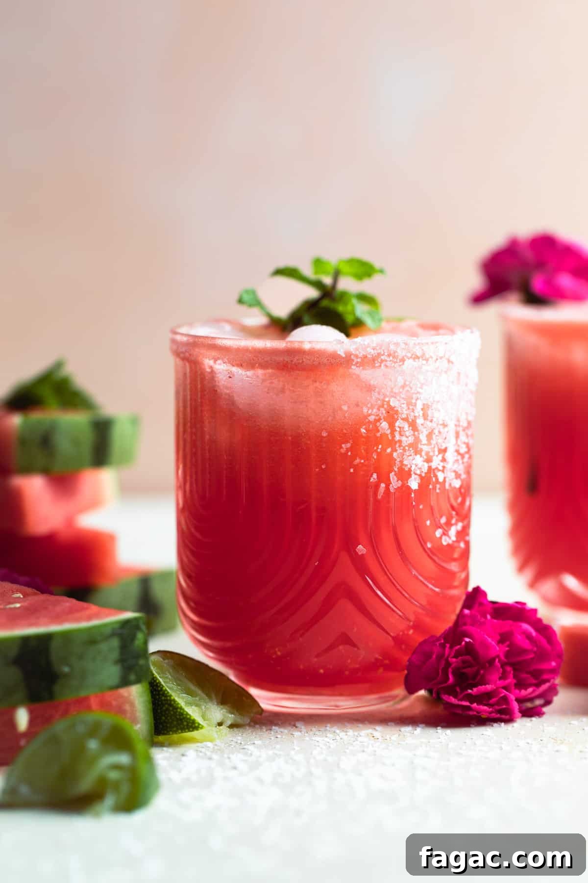 Watermelon Margarita Recipe: Refreshing Summer Cocktail Guide 2 Glass filled with watermelon margarita and garnished with a sprig of mint.