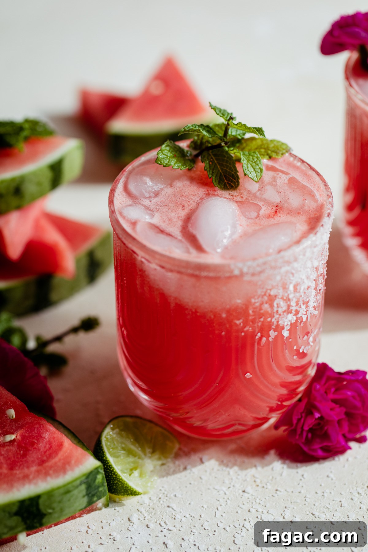 Watermelon Margarita Recipe: Refreshing Summer Cocktail Guide 5 Glass filled with pink watermelon margarita with salt on the rim.