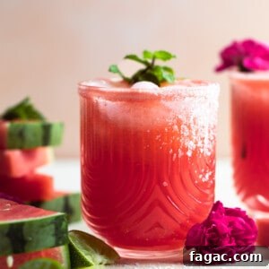 Watermelon Margarita Recipe: Refreshing Summer Cocktail Guide 6 Glass with watermelon margarita garnished with a sprig of mint and salt on the rim.