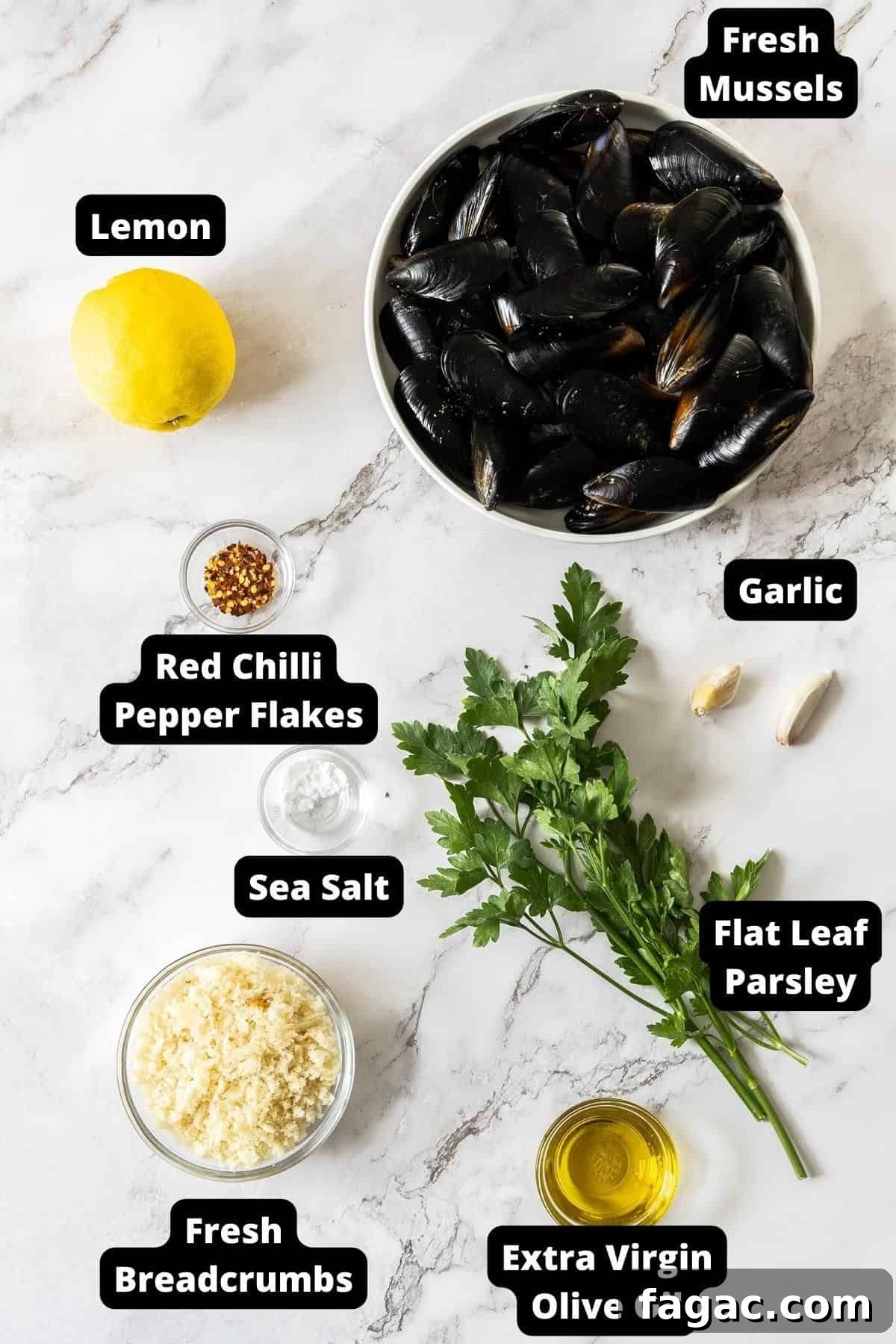 Ingredients in this recipe on a white marble background.