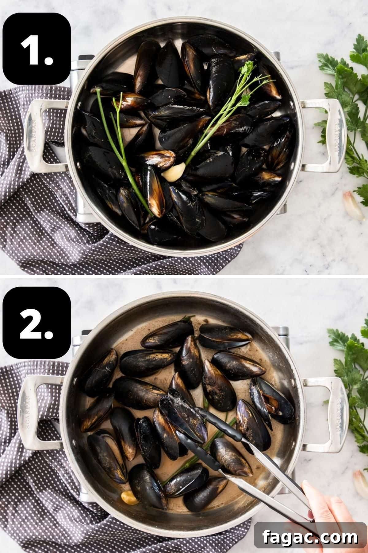 Steps 1-2 of preparing this recipe: adding the mussels to a pot and removing them once they have opened.