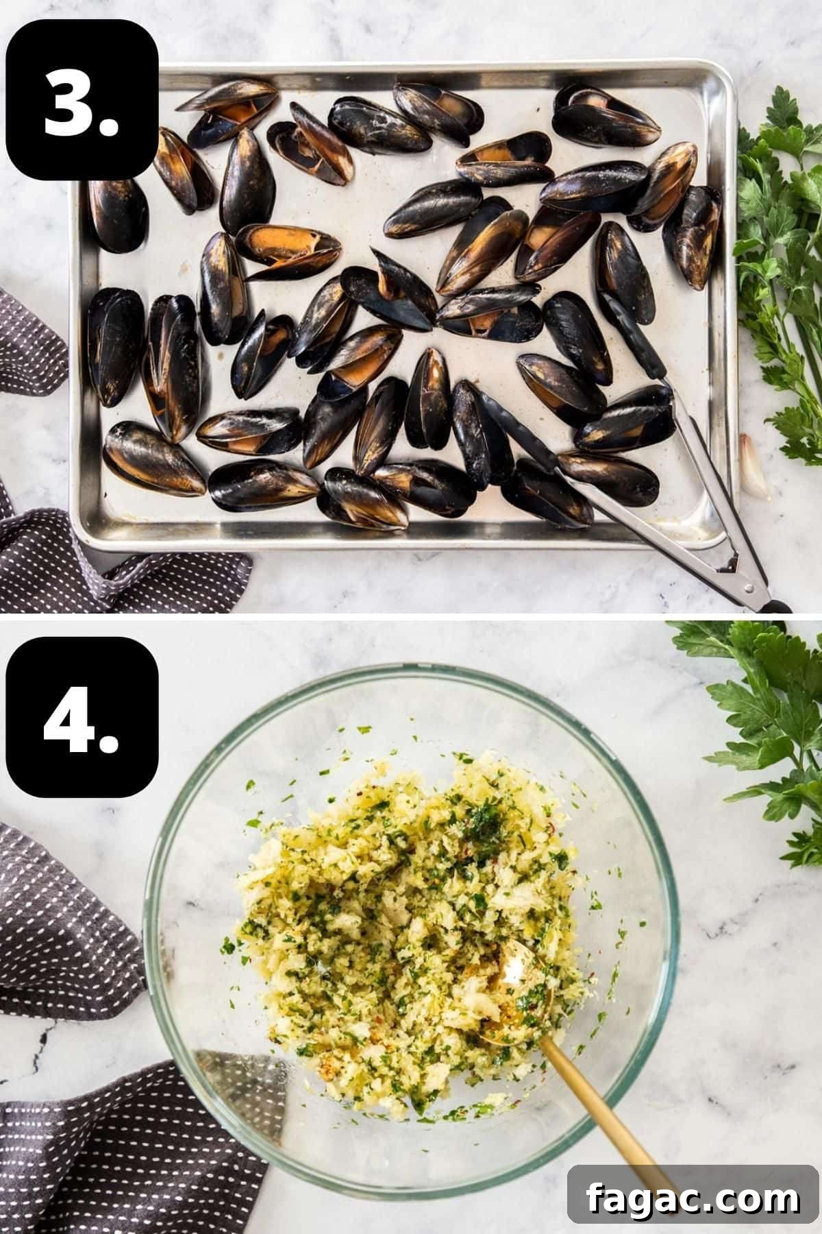 Steps 3-4 of preparing this recipe: the cooked mussels on a baking tray and preparing the bread crumb topping in a glass bowl.