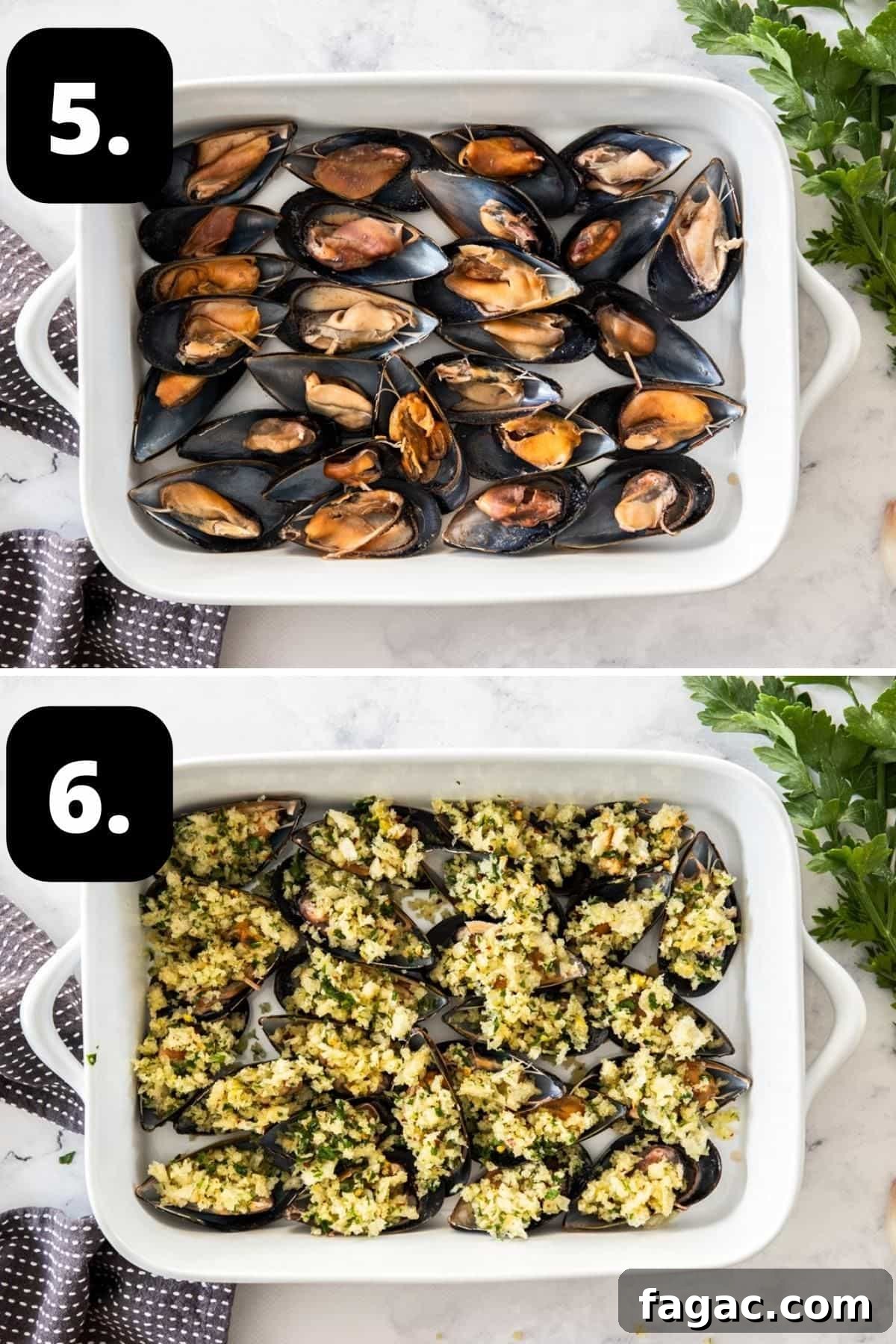 Steps 5-6 of preparing this recipe: halved mussel shells in a baking dish and topped with bread crumb mixture ready for oven.