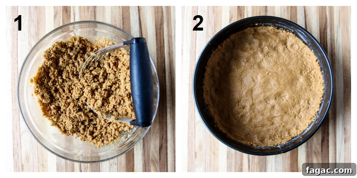 Creamy Matcha Green Tea Cheesecake Recipe 6 Steps one and two, making the graham crust, then pressing it into the pan.