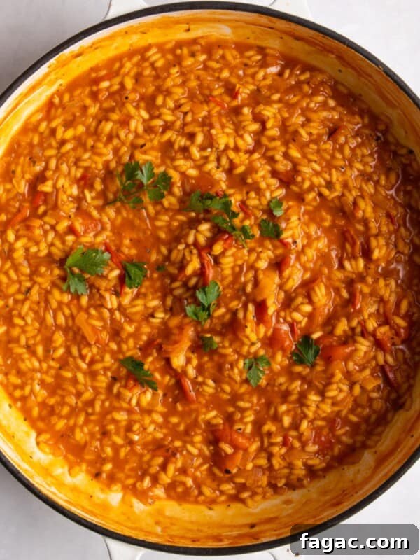 Sun-Dried Tomato Pasta with Garlic, Basil & Parmesan 11 overhead shot of tomato risotto in large shallow frying pan on white surface.