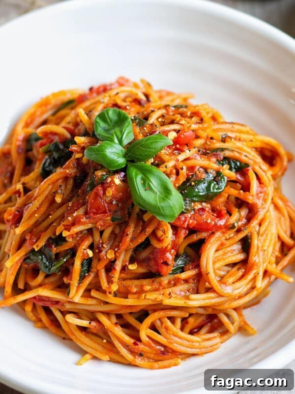 Sun-Dried Tomato Pasta with Garlic, Basil & Parmesan 9 Cherry Tomato Pasta with fresh basil leaves on top.