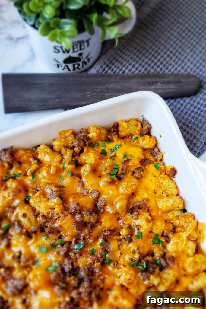 Sausage, Egg & Cheese Tater Tot Breakfast Casserole 3 Sausage, Egg and Cheese Tater Tot Casserole close up