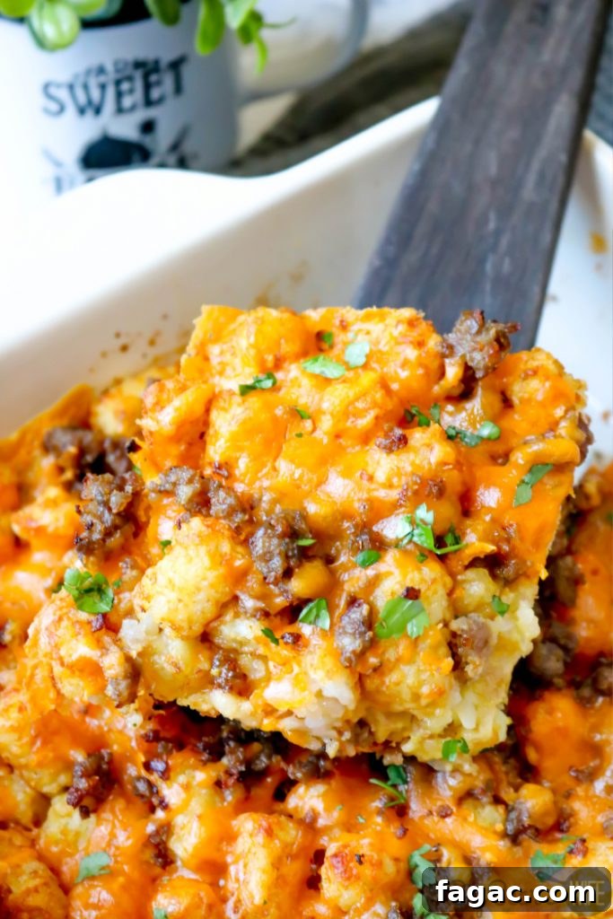 Sausage, Egg & Cheese Tater Tot Breakfast Casserole 4 Baked Sausage, Egg and Cheese Tater Tot Casserole