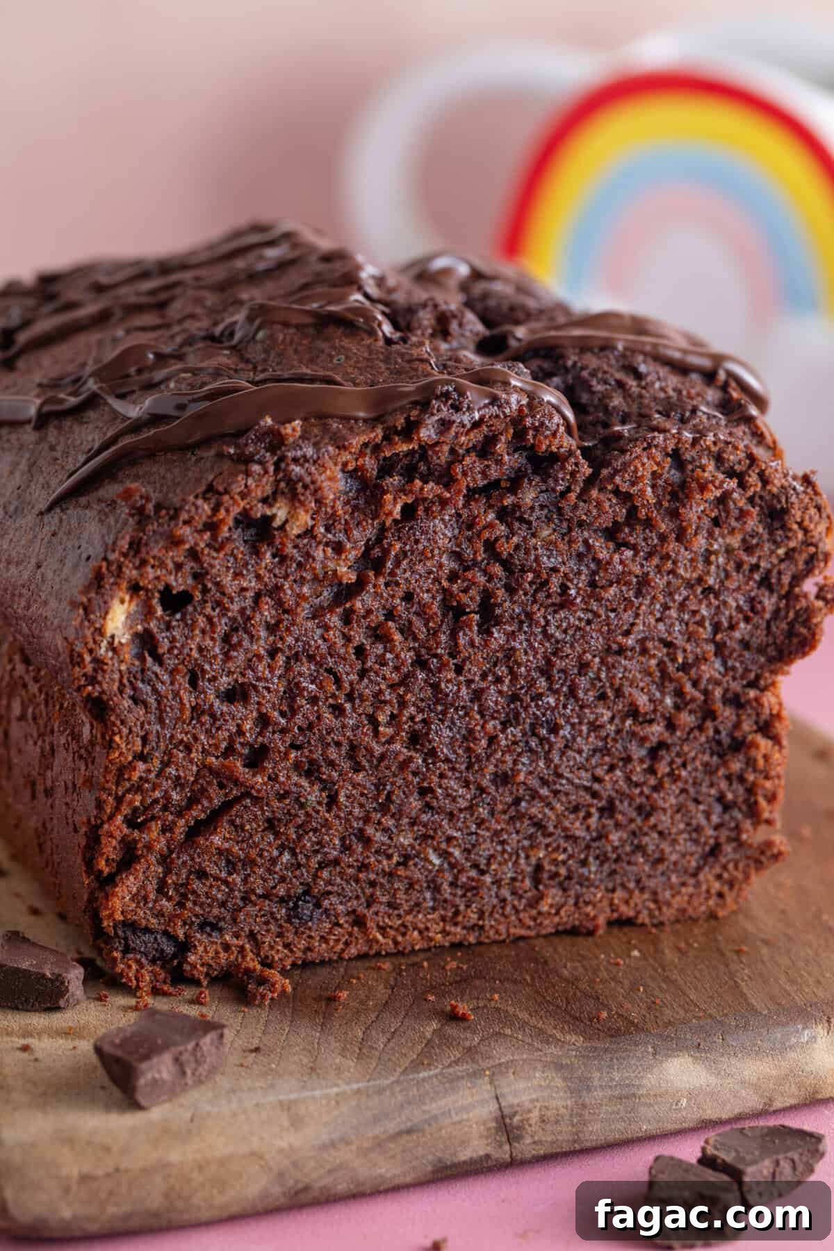Moist Chocolate Zucchini Cake Recipe 4 A gluten free chocolate courgette cake with a slice taken off showing the cross section.