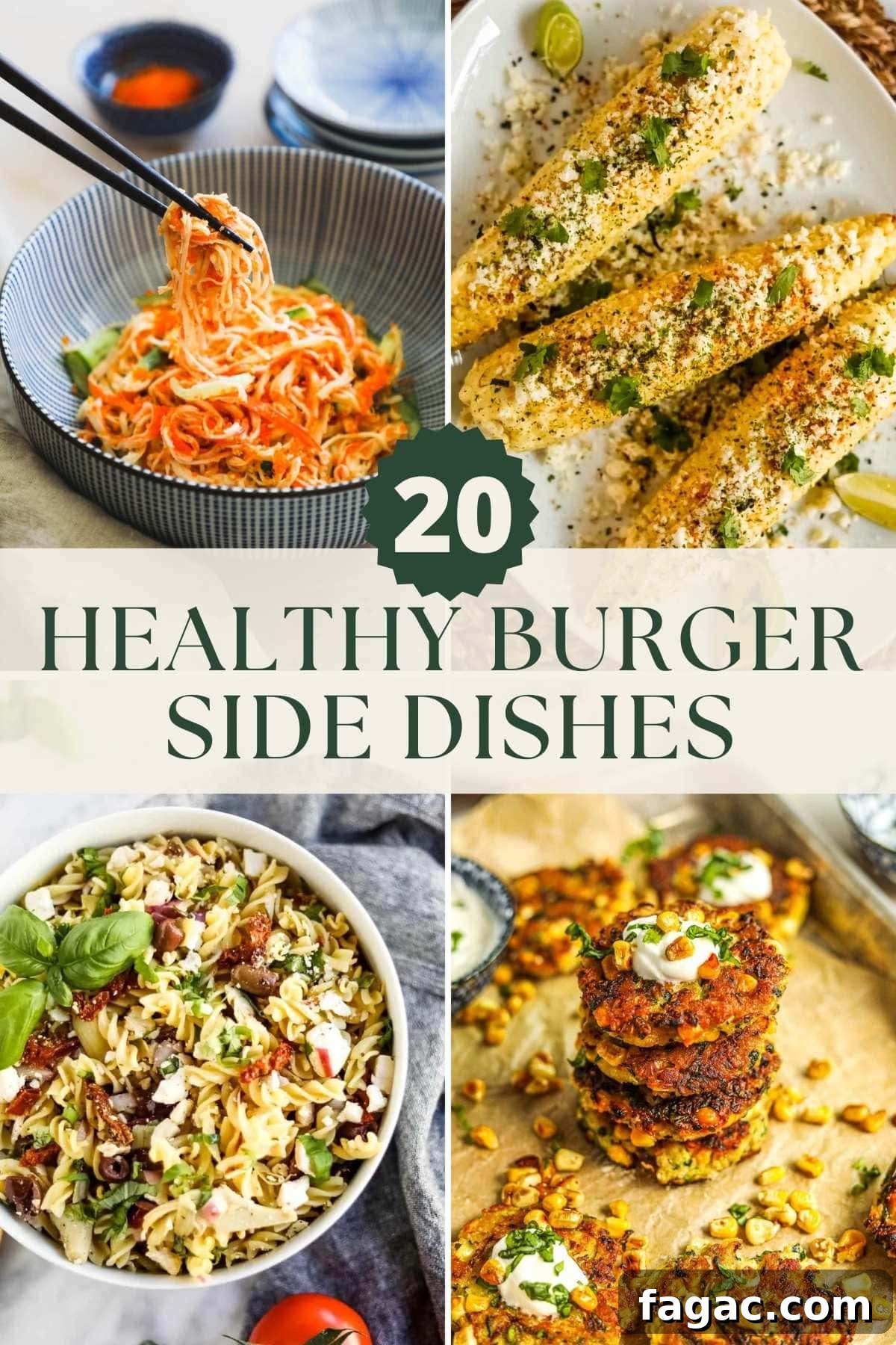 20 Tasty Sides to Serve with Burgers (Healthy Options Included) 2 20 healthy burger sides, including kani salad, pasta salad, corn and zucchini fritters, and corn.