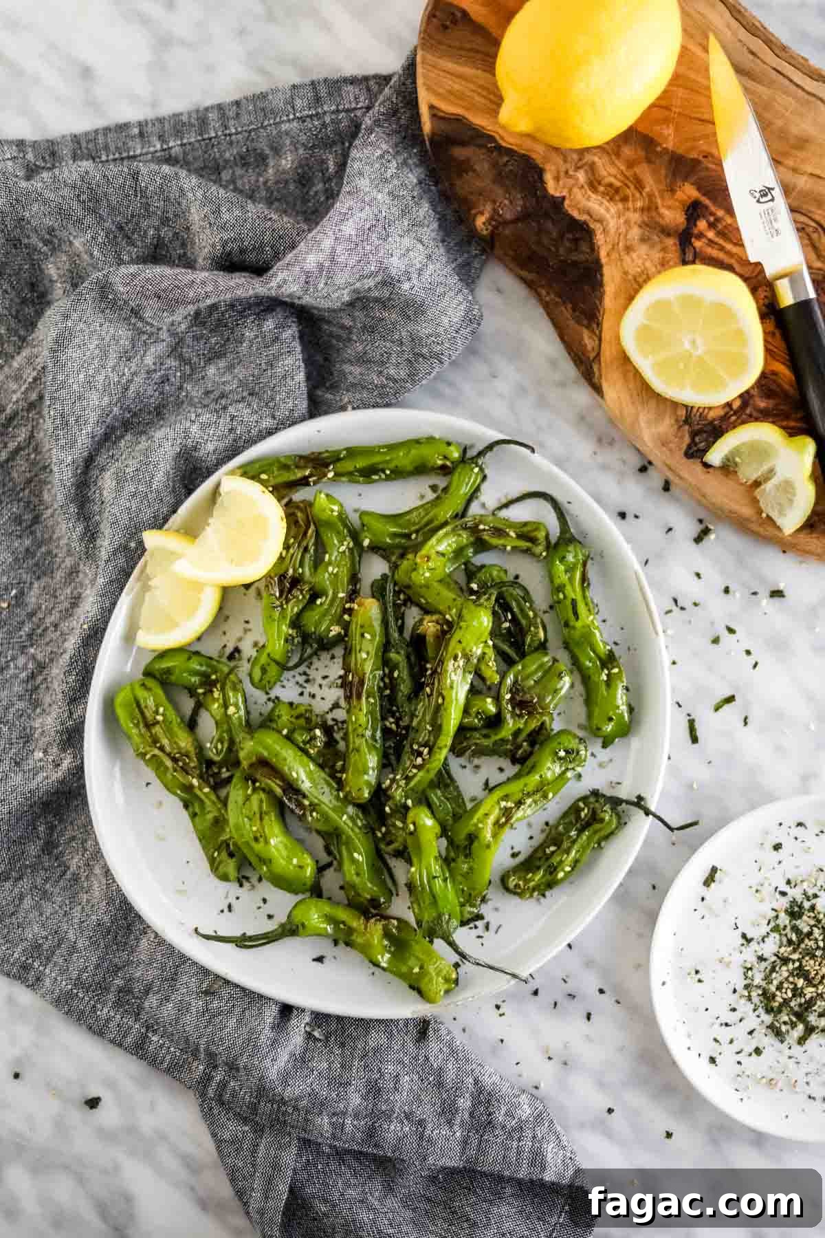 20 Tasty Sides to Serve with Burgers (Healthy Options Included) 16 Shishito Peppers with furikake and lemon on plate flatlay.
